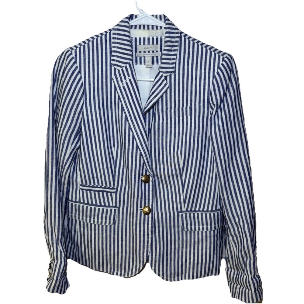 J Crew Schoolboy Blazer Womens 4 Blue Stripe Linen Preppy Academia Timeless